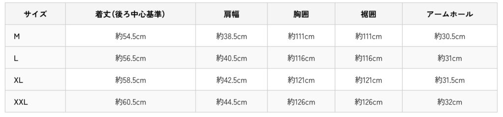 ツインリバーベストのサイズ表